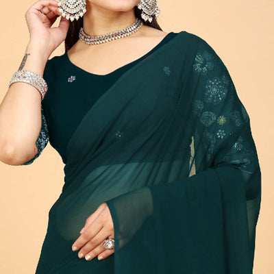 Dark Teal Solid Georgette Saree With Tassels