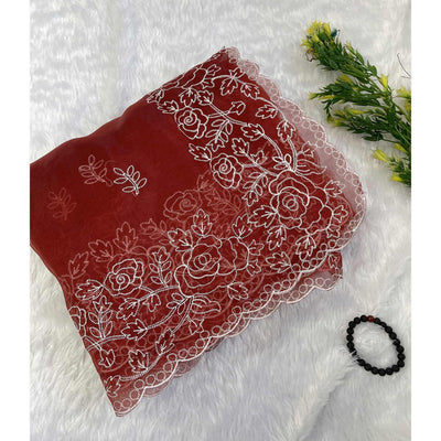 Maroon Floral Embroidered Organza Saree