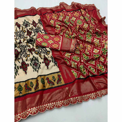 Cream Ikkat Printed Dola Silk Saree With Sequins Embroidery Border
