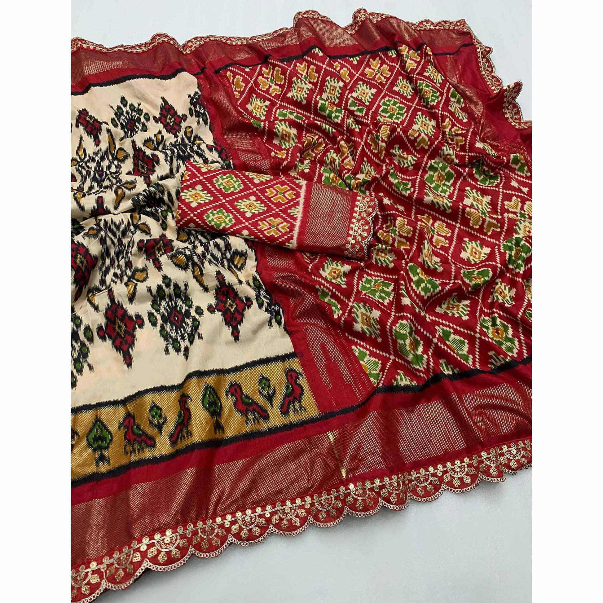 Cream Ikkat Printed Dola Silk Saree With Sequins Embroidery Border