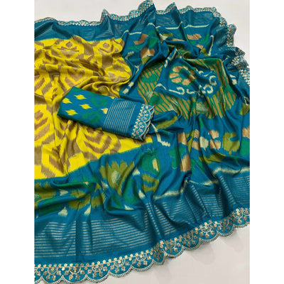 Lemon Yellow Ikkat Printed Dola Silk Saree With Sequins Embroidery Border
