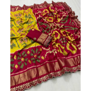 green-pink-ikkat-foil-printed-silk-saree-with-sequins-embroidery-border