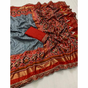 grey-red-ikkat-foil-printed-silk-saree-with-sequins-embroidery-border