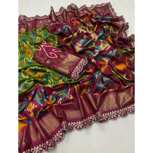 green-wine-ikkat-printed-dola-silk-saree-with-sequins-embroidered-border