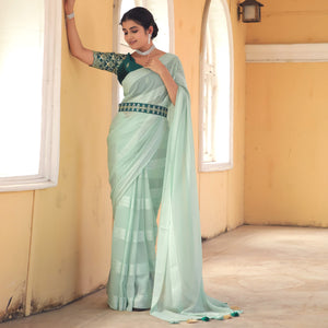 Light Sea Green Zari Woven Georgette Saree With Tassels