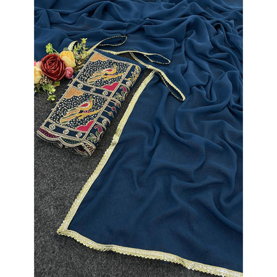 Blue Solid Georgette Saree With Sequins Embroidered Border