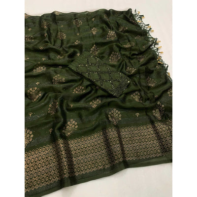 Mehendi Green Emboss Floral Foil Printed Moss Art Silk Saree