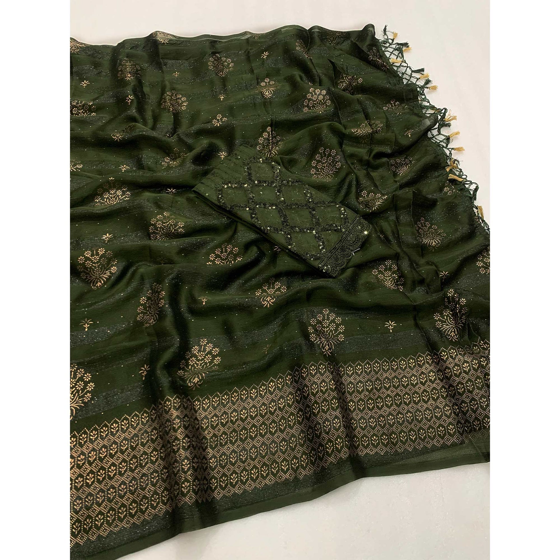 Mehendi Green Emboss Floral Foil Printed Moss Art Silk Saree