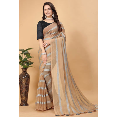 Chikoo Zari Striped Georgette Saree With Tassels