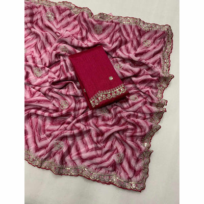 Magenta Leheriya Printed With Sequins Embroidered Chinon Saree
