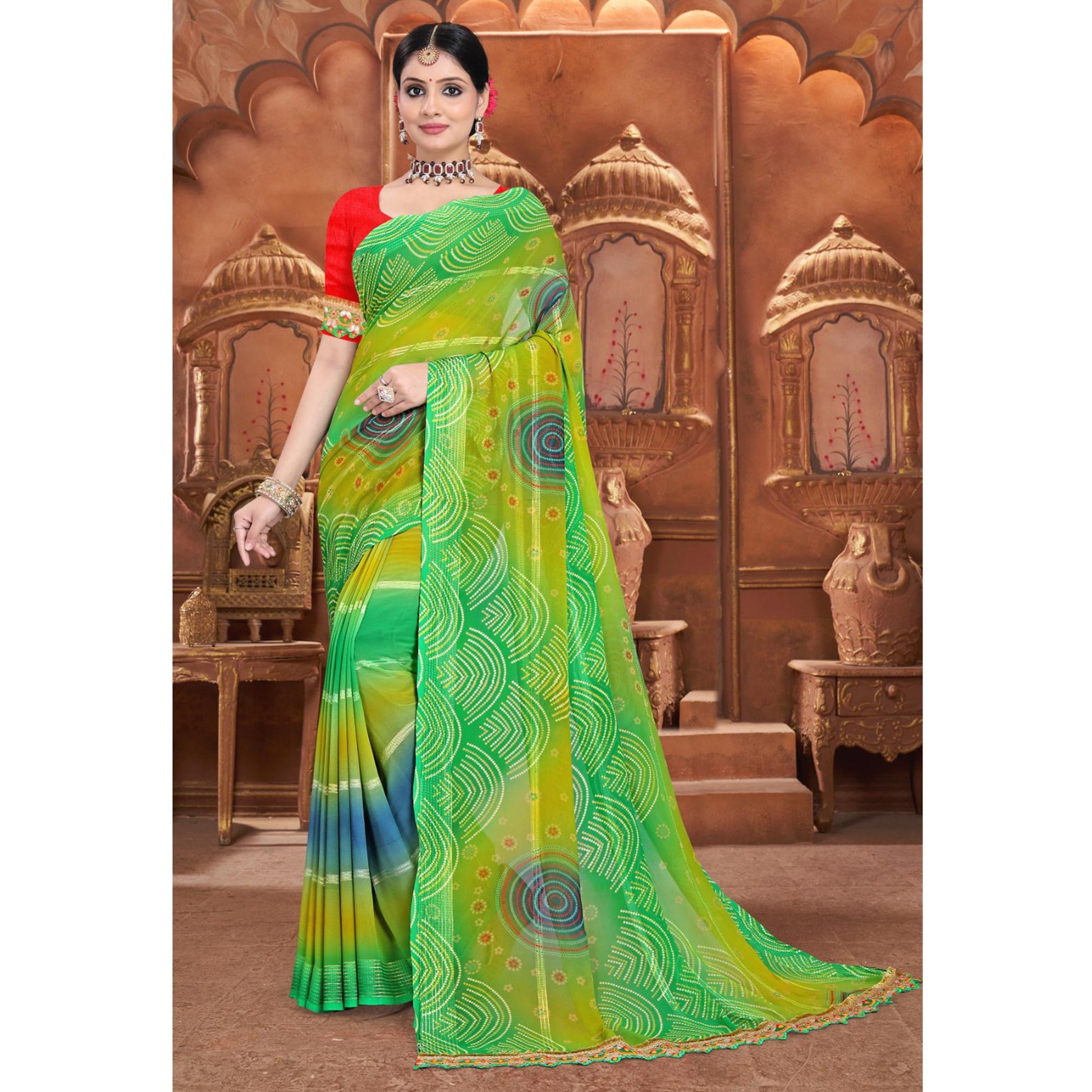 green-bandhani-printed-georgete-saree-with-zari-border