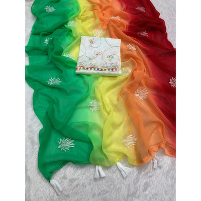 Multicolor Floral Embroidered Georgette Saree With Tassels
