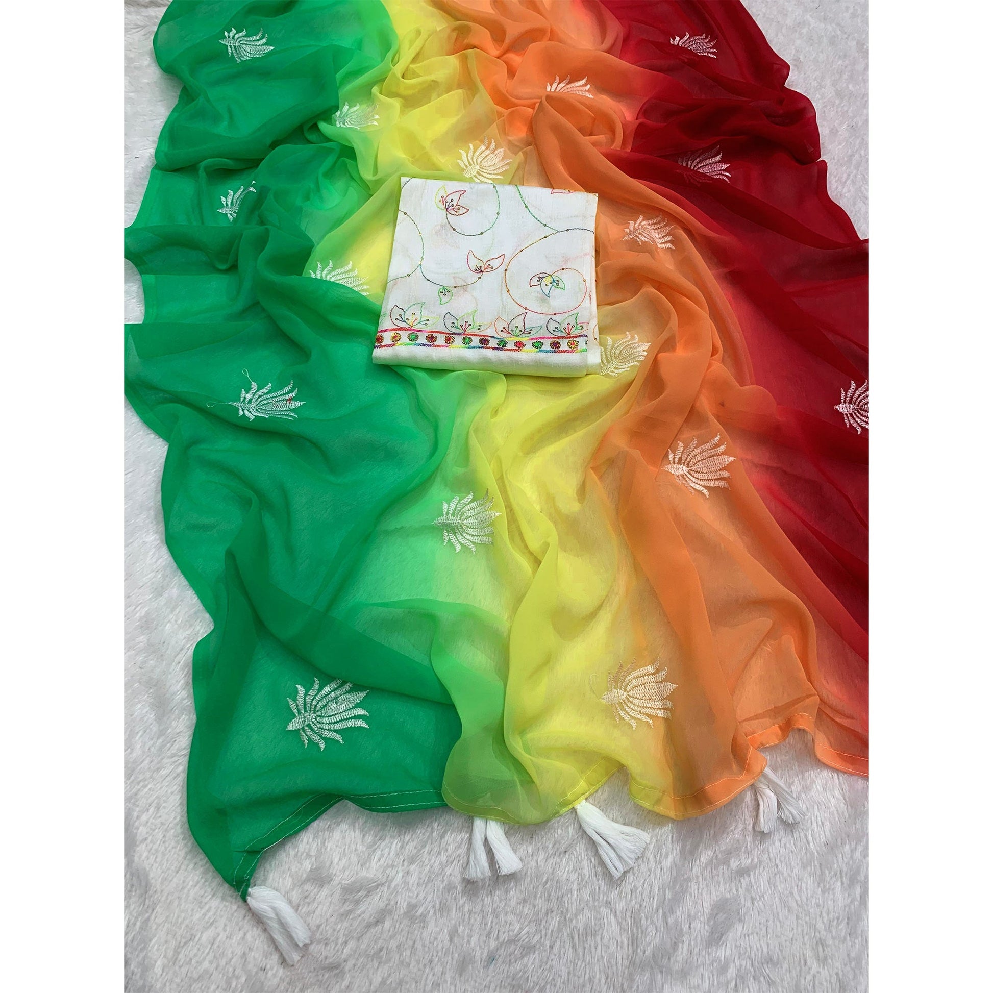 Multicolor Floral Embroidered Georgette Saree With Tassels