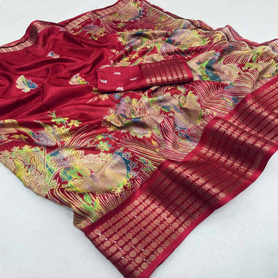 Maroon Printed Dola Silk Saree With Sequins Border