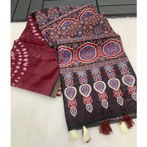 Dark Wine Ajrakh Printed Chanderi Saree With Zari Border