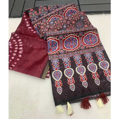 Dark Wine Ajrakh Printed Chanderi Saree With Zari Border
