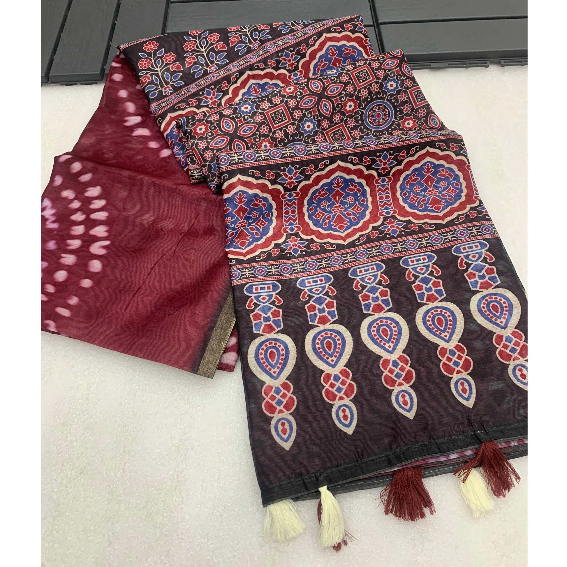 Dark Wine Ajrakh Printed Chanderi Saree With Zari Border