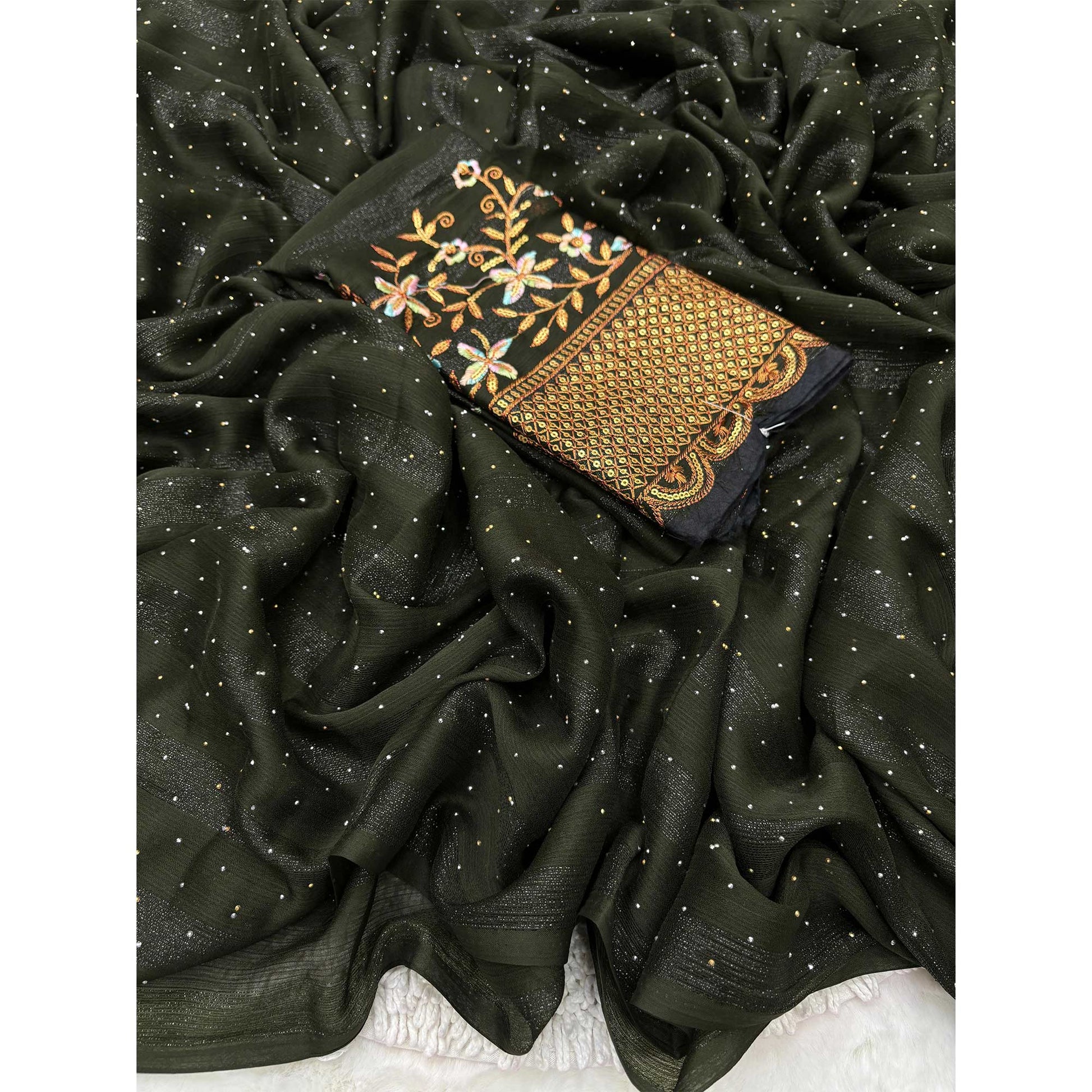 Mehandi Green Woven Swaroski Work Georgette Saree With Tassels