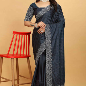 Dark Grey Swarovski Work Paper Silk Saree With Embroidery Zari Border