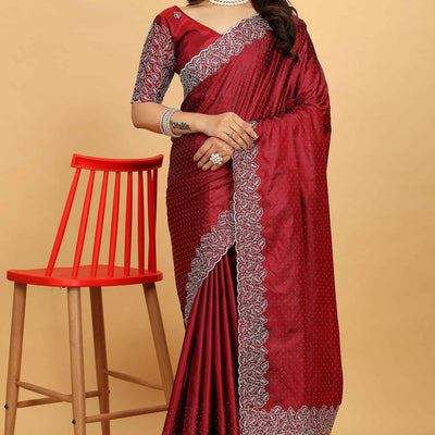 Maroon Swarovski Work Paper Silk Saree With Embroidery Zari Border