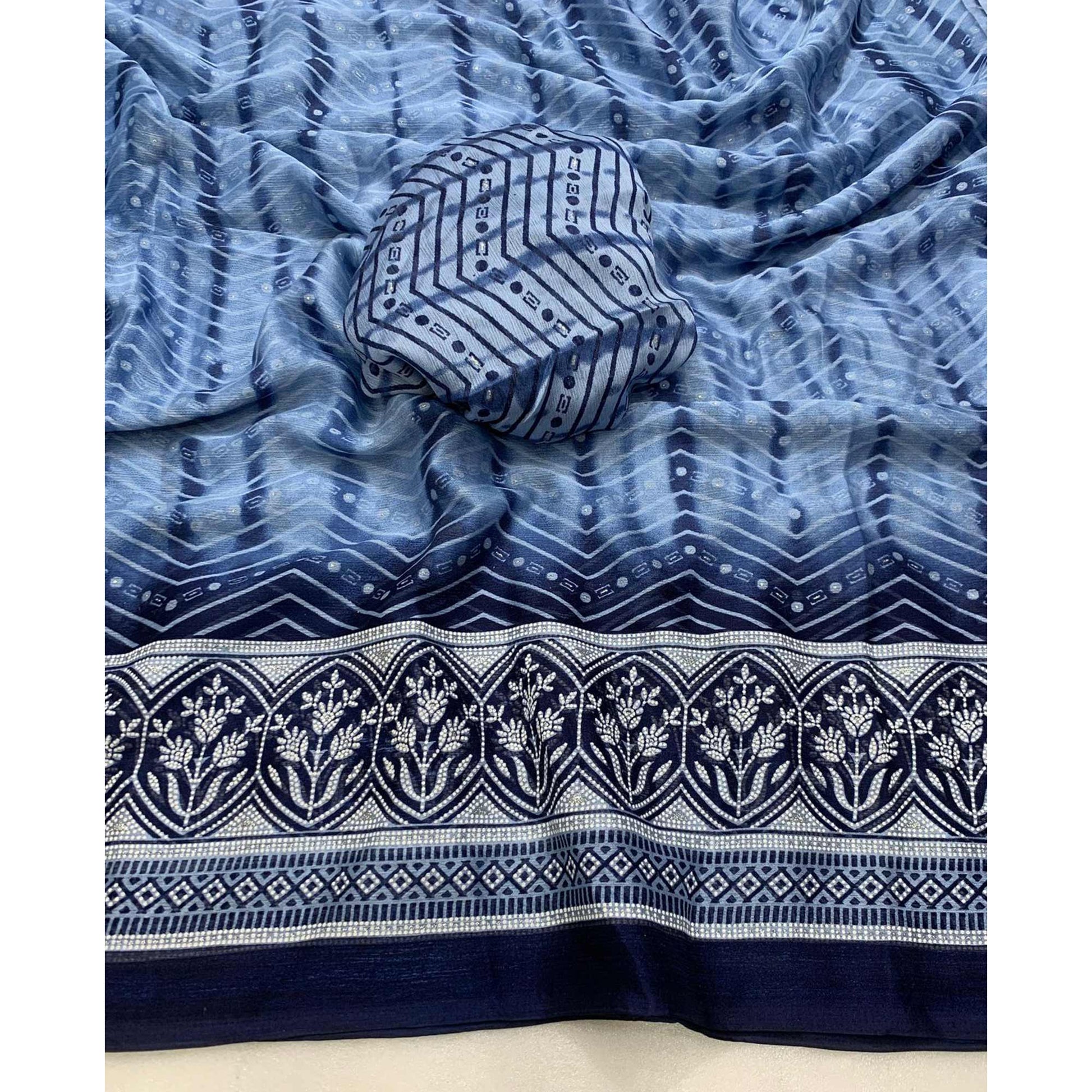 Blue Shibori Foil Printed Chiffon Saree