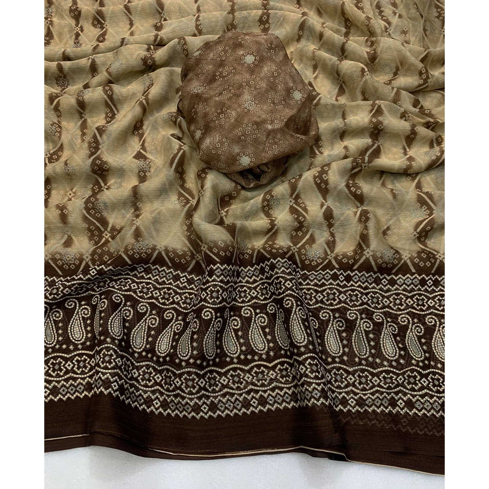 Brown Shibori Foil Printed Chiffon Saree
