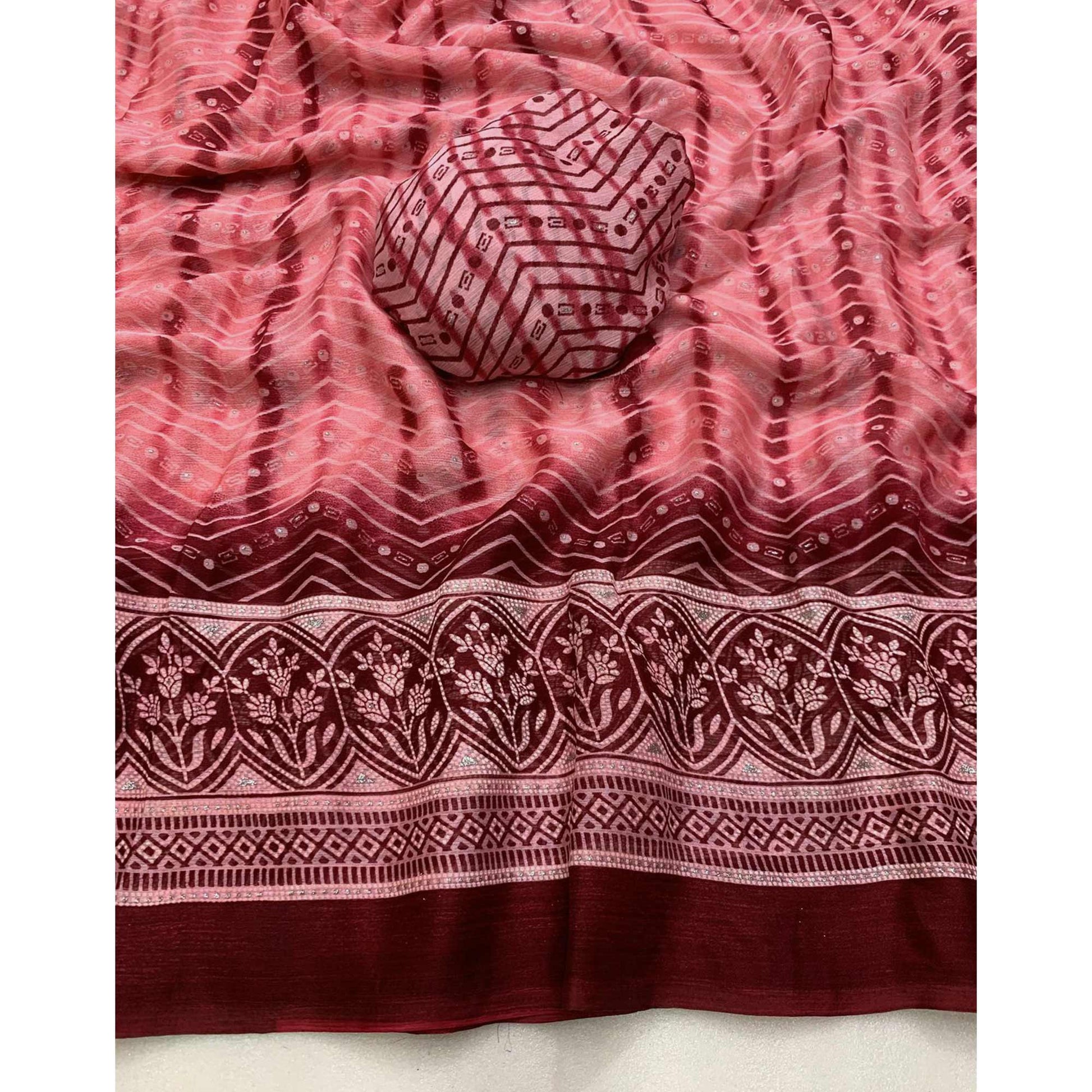 Gajari Pink Shibori Foil Printed Chiffon Saree