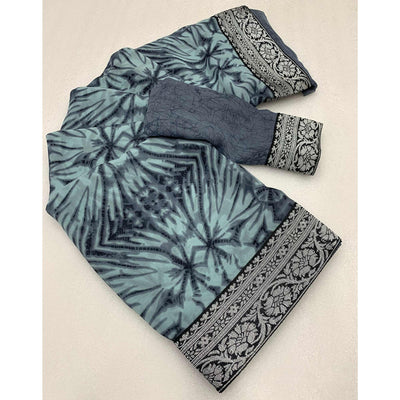 Dusty Grey Shibori Printed Georgette Saree With Woven Border