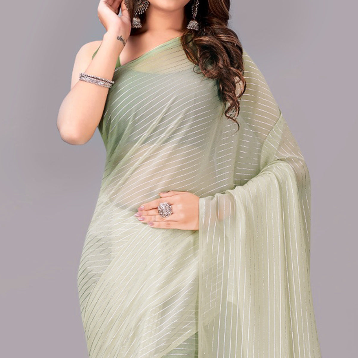 green-striped-foil-printed-georgette-saree