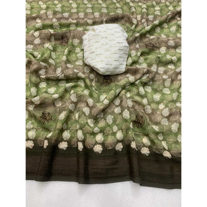 Mehendi Green Floral Foil Printed Georgette Saree With Tassels