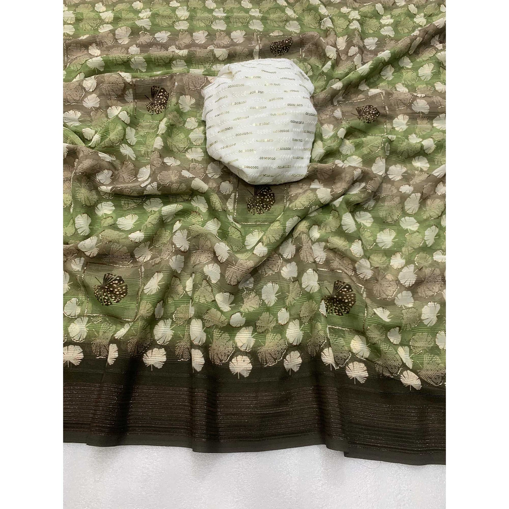 Mehendi Green Floral Foil Printed Georgette Saree With Tassels