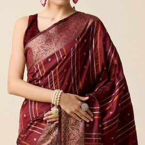 Maroon Floral Woven Pure Silk Saree