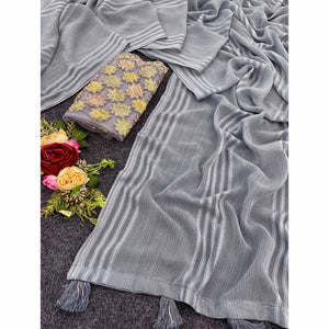 Grey Zari Striped Woven Georgette Saree