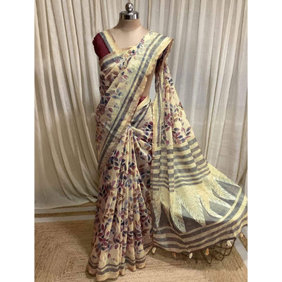 Cream Kalamkari Floral Printed Chanderi Saree