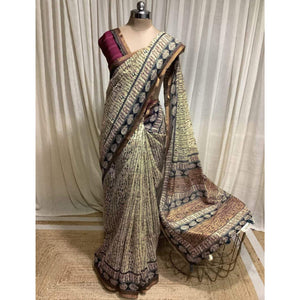 Cream & Black Kalamkari Floral Printed Chanderi Saree