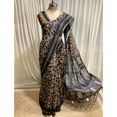 Light Brown Kalamkari Floral Printed Chanderi Saree