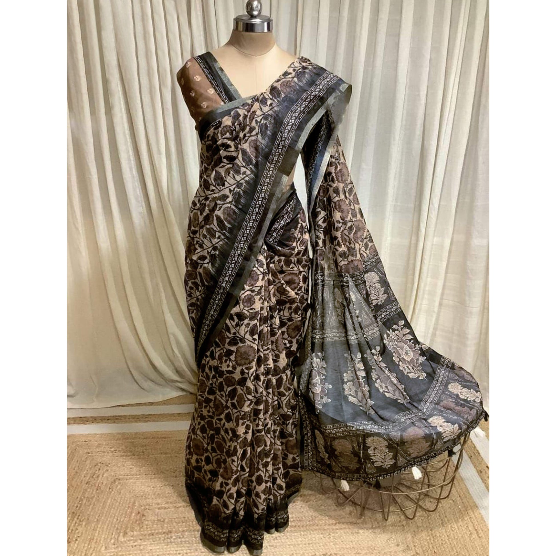 Light Brown Kalamkari Floral Printed Chanderi Saree