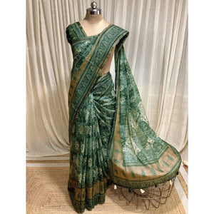 Mehndi Green Kalamkari Floral Printed Chanderi Saree