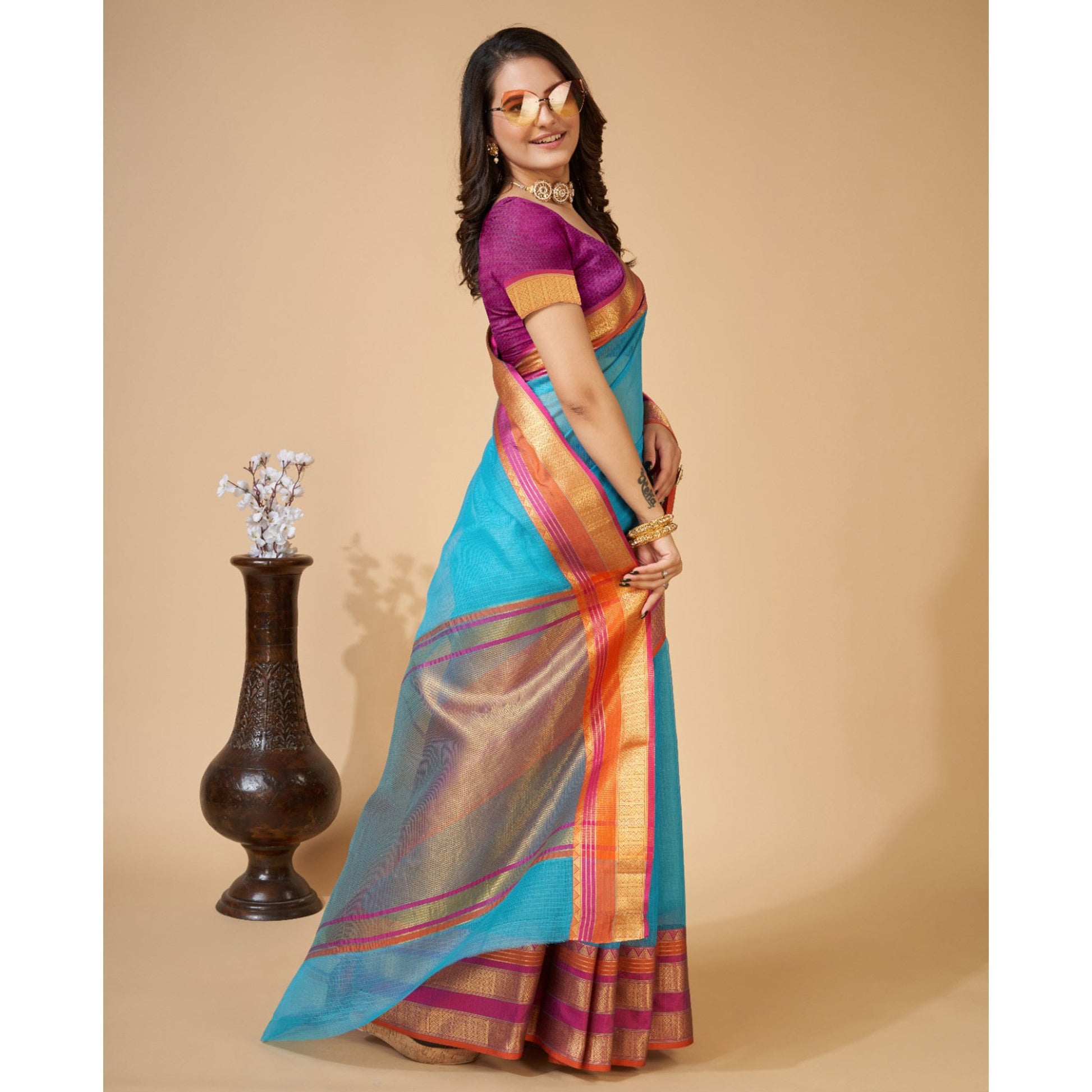 Blue Woven Kota Doria Saree