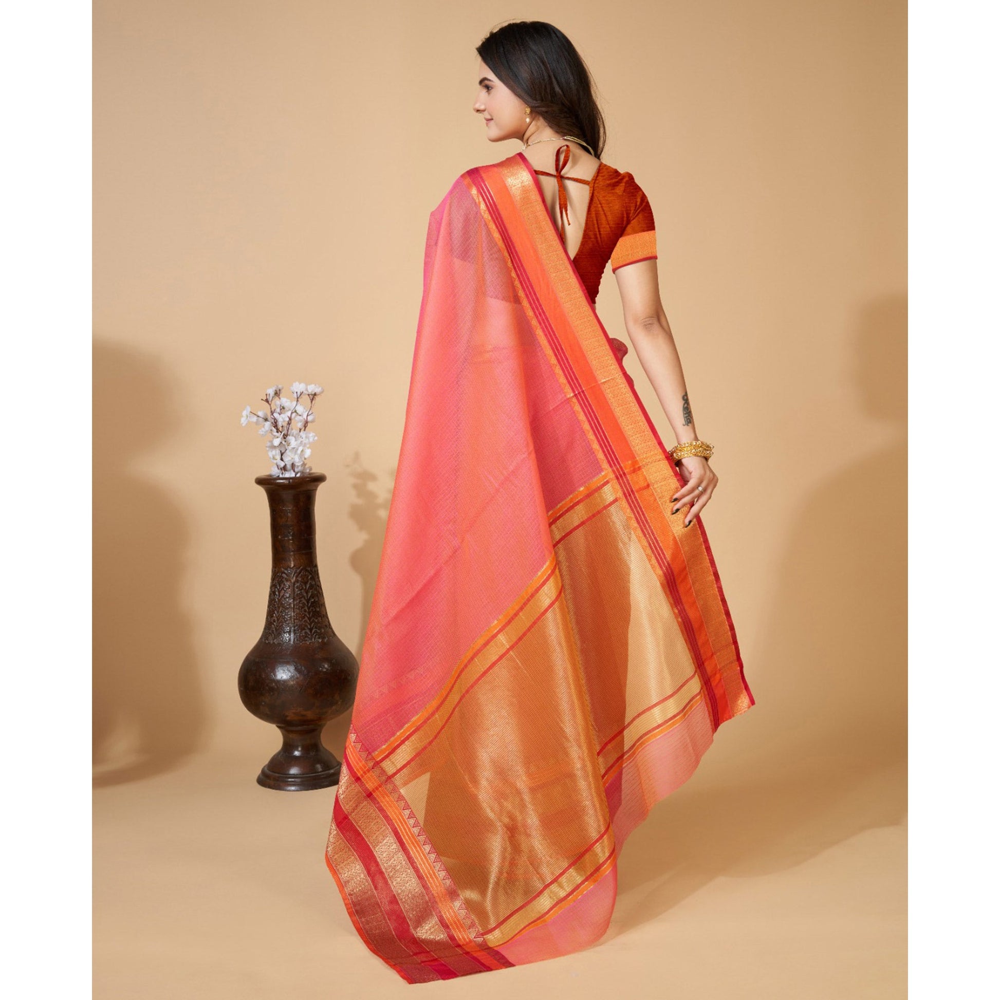 Gajari Pink Woven Kota Doria Saree