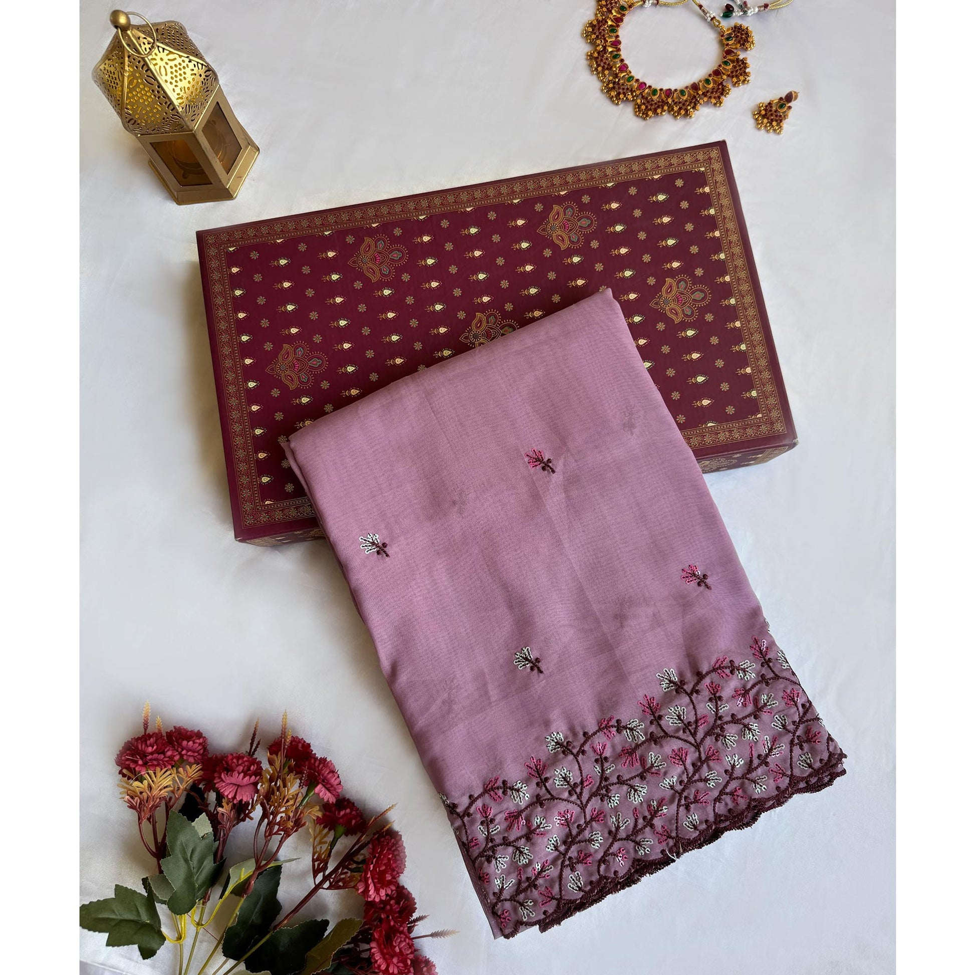 Light Purple Floral Embroidered Organza Saree