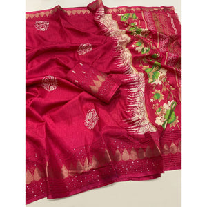Magenta Floral Printed Dola Silk Saree With Sequins Border