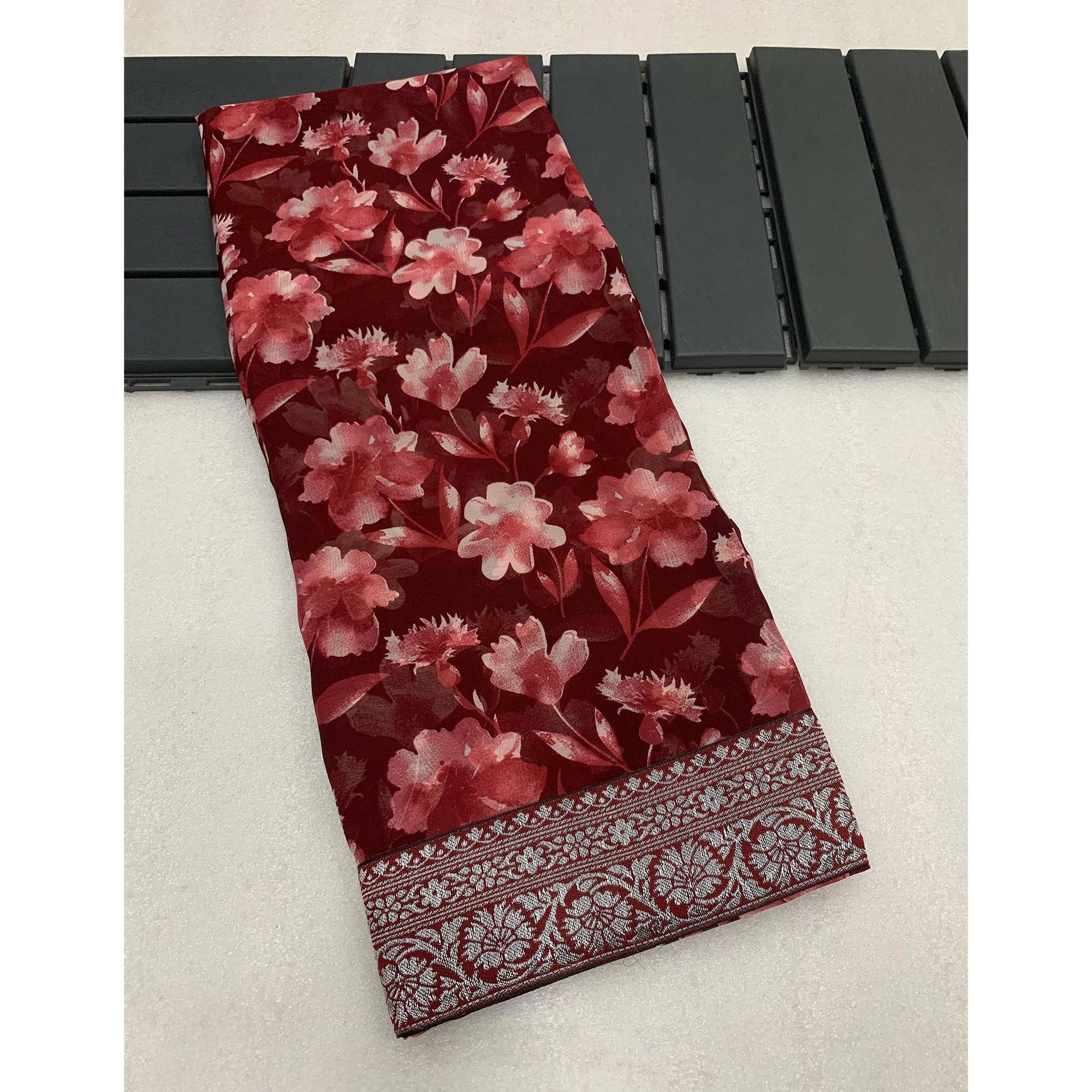 Maroon Floral Printed Georgette Saree With Woven Border
