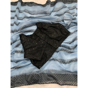 Blue Woven Net Saree With Tassels