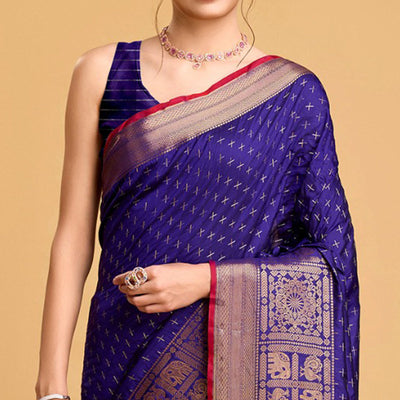 Blue Woven Pure Silk Saree With Tassels