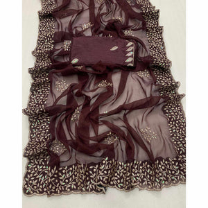 Brown Sequins Embroidered Shimmer Silk Saree