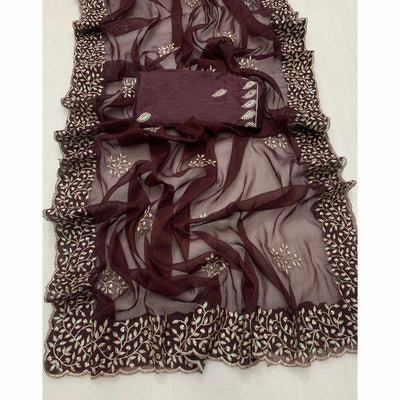 Brown Sequins Embroidered Shimmer Silk Saree