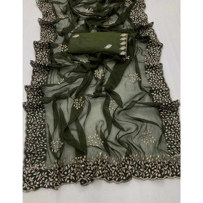 Mehendi Green Sequins Embroidered Shimmer Silk Saree