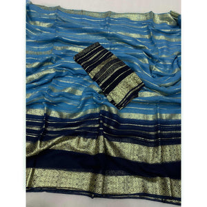 Blue Striped Zari Woven Viscose Georgette Saree