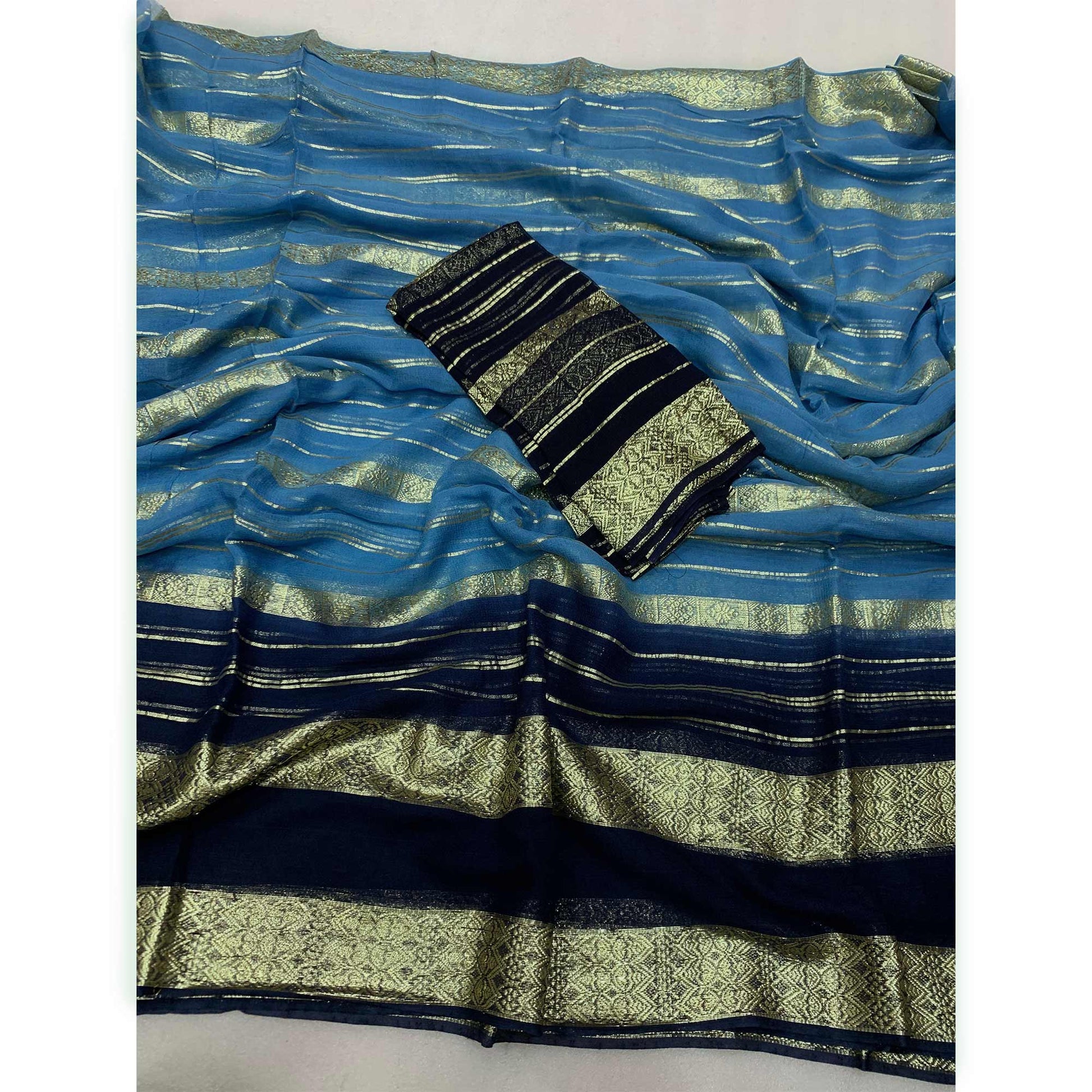 Blue Striped Zari Woven Viscose Georgette Saree